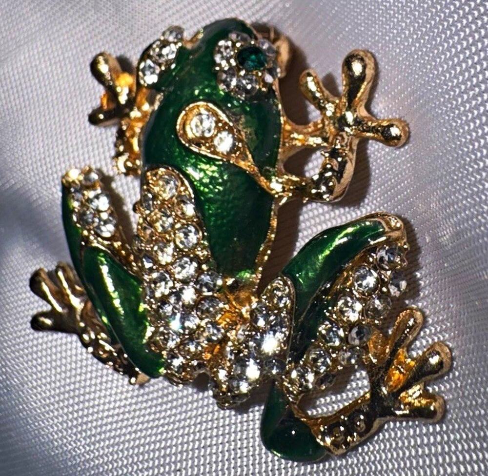 Frog Brooch Pin Green Enamel Clear Rhinestone Gold Tone Animal Jewelry NEW